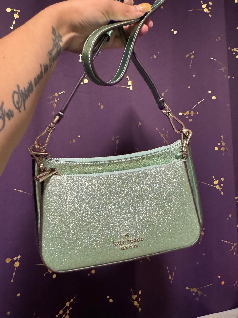 Kate Spade 2pc Light/Mint Green Glitter Crossbody Purse-Like New